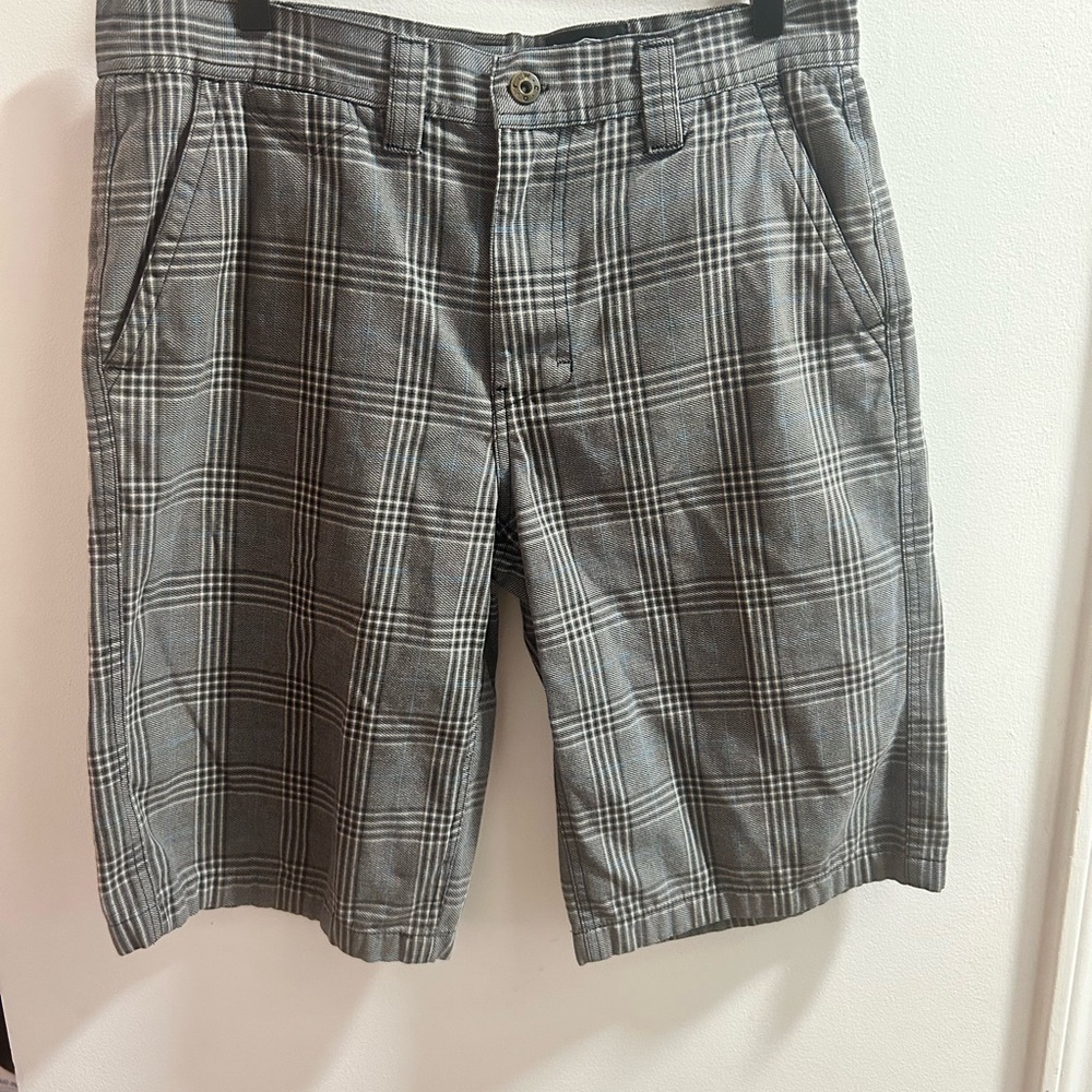 Free World Mens Plaid Chino Shorts‎ Grey Black Blue Size 32 Skate Casual